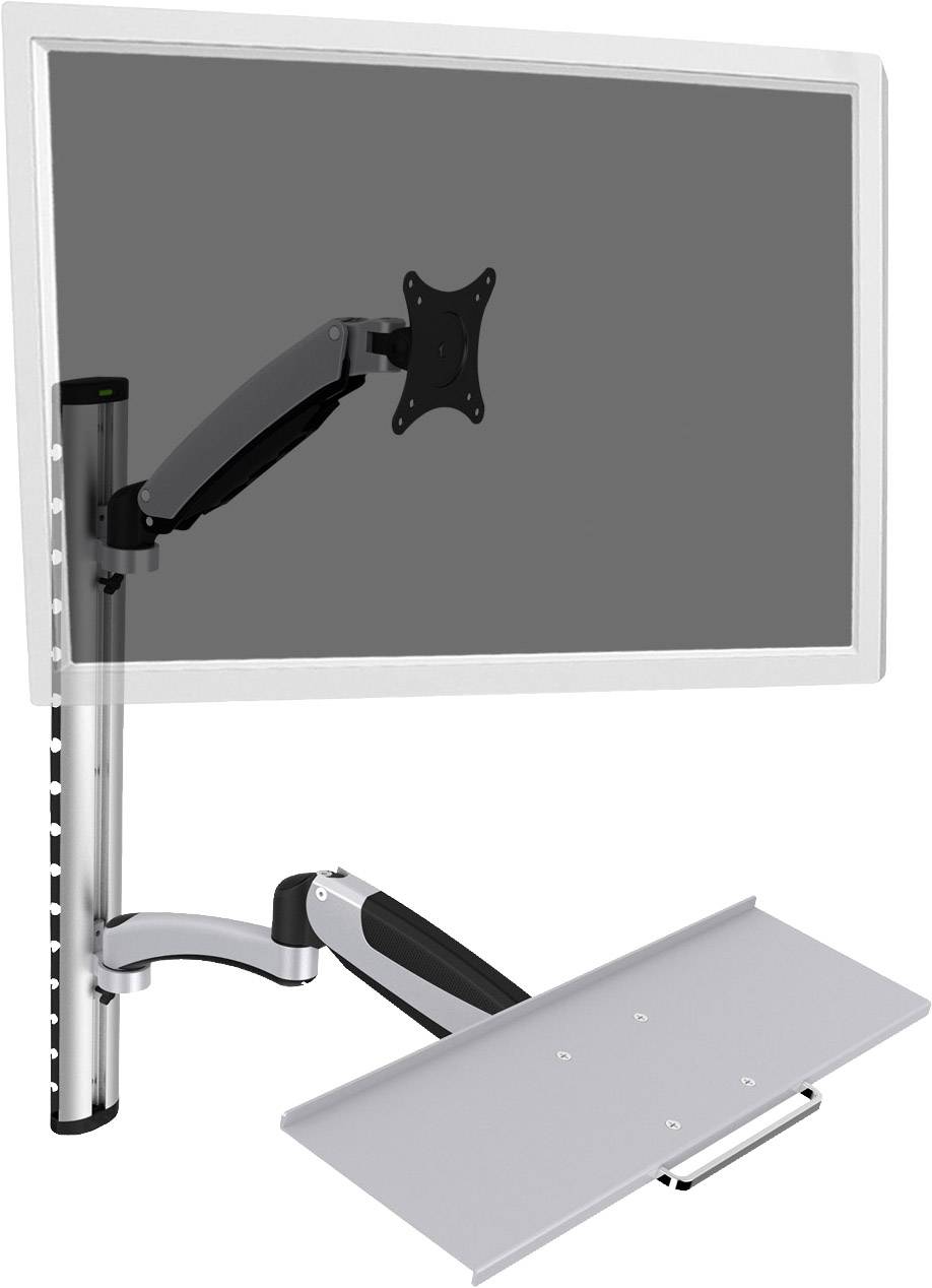 Podesivi nosač monitora s integriranom policom za tipkovnicu, dizajniran za ergonomsko uređenje radnog prostora.
