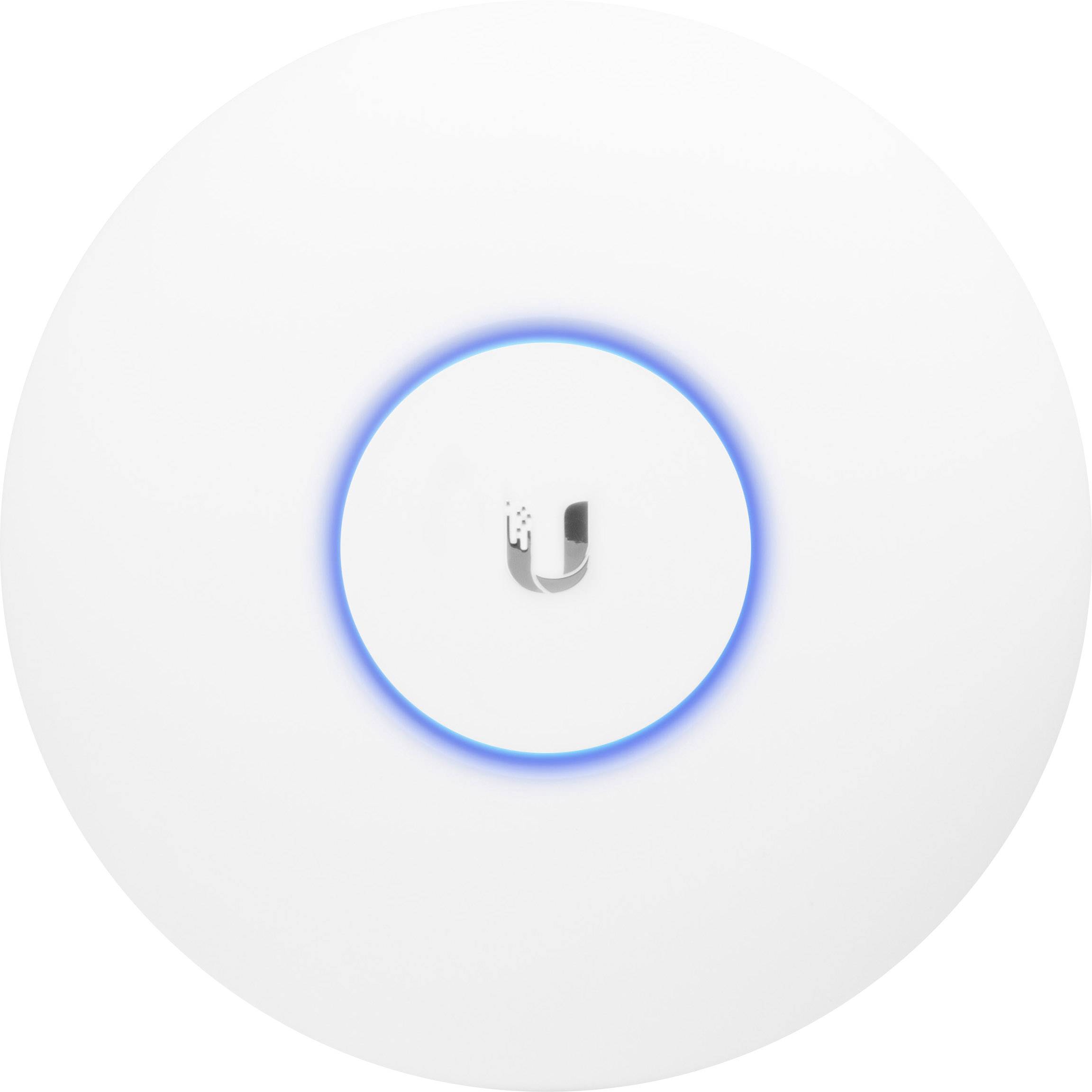 Bijeli WLAN pristupni punkt s plavim LED prstenjem i sivim logotipom u sredini.