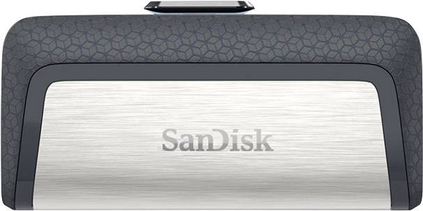 USB stick marke SanDisk s crno-srebrnim kućištem i elegantnim kvadratnim uzorkom na gornjoj strani.