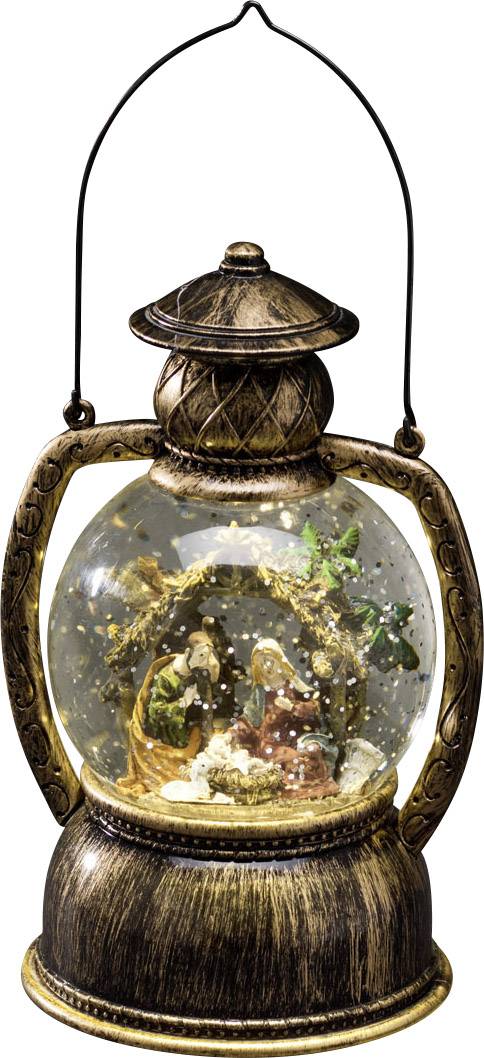 Lampa s teorijom snježne kugle koja prikazuje prizor Svetog geboren s Marijom, Josipom i jasličkama usred snijega i ukrasa. Rustikalni dizajn.