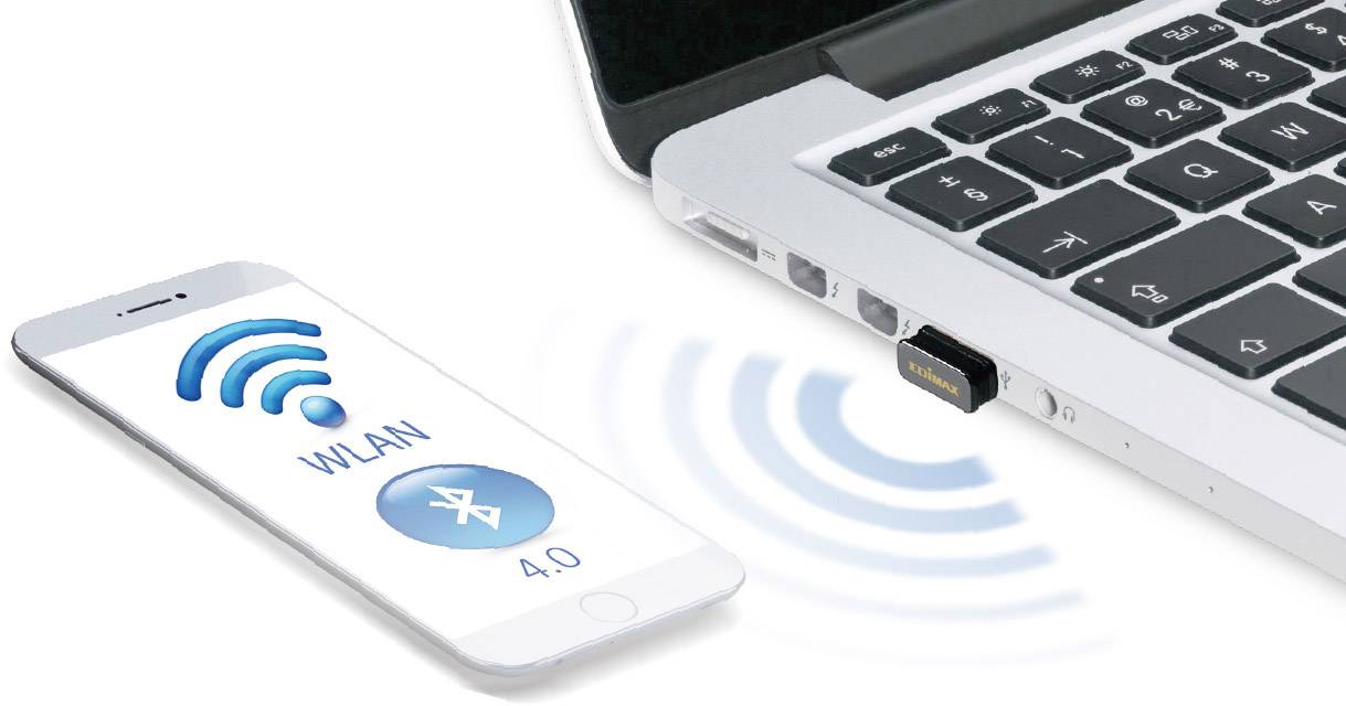 Pametni telefon sa simbolima WLAN-a i Bluetootha pored prijenosnog računala s USB donglom. Ilustracija povezivanja između uređaja.