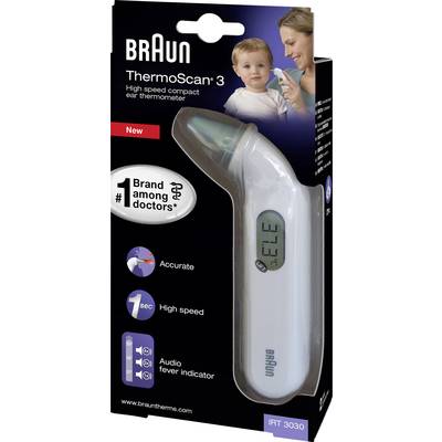 Braun ThermoScan 3, kompaktni toplomjer za uho. Pokazuje 37,3°C. Popularan kod liječnika, precizan, brz, audio indikator temperature.