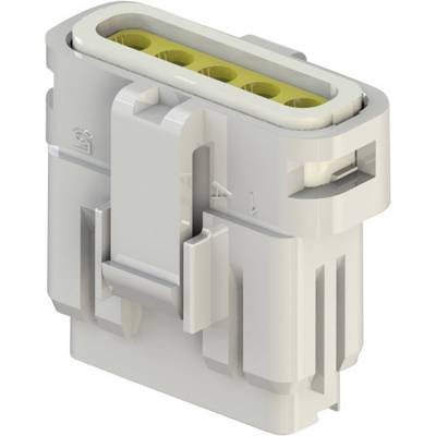 Pravokutni, sivi priključni konektor s pet žutih priključaka, pogodan za elektroničke spojeve.