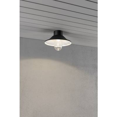 Stropna lampa s crnim sjenilom na bijelom, lamastom stropu, nježno osvjetljava sivi zid.
