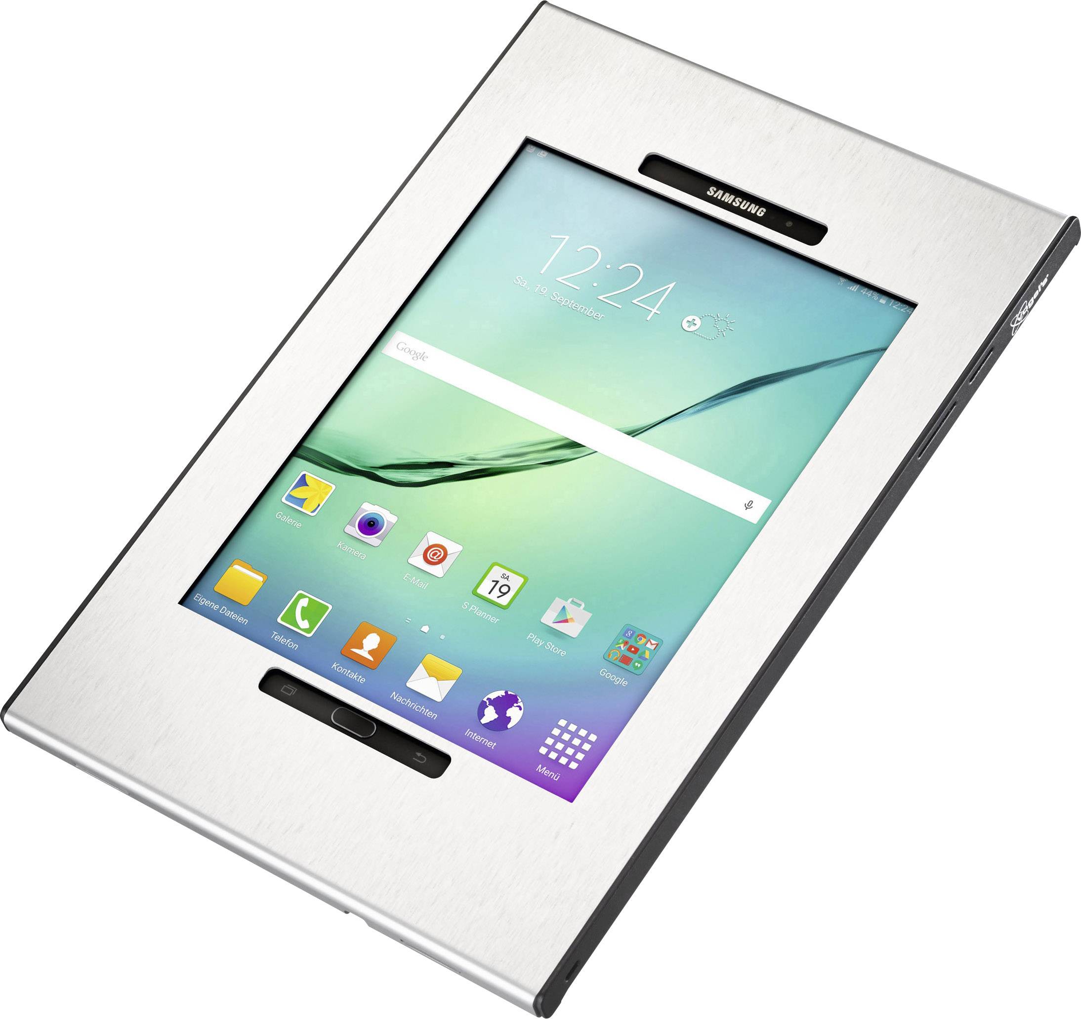 Tablet s metalnim okvirom prikazuje početni zaslon s vremenskim prikazom i aplikacijama.