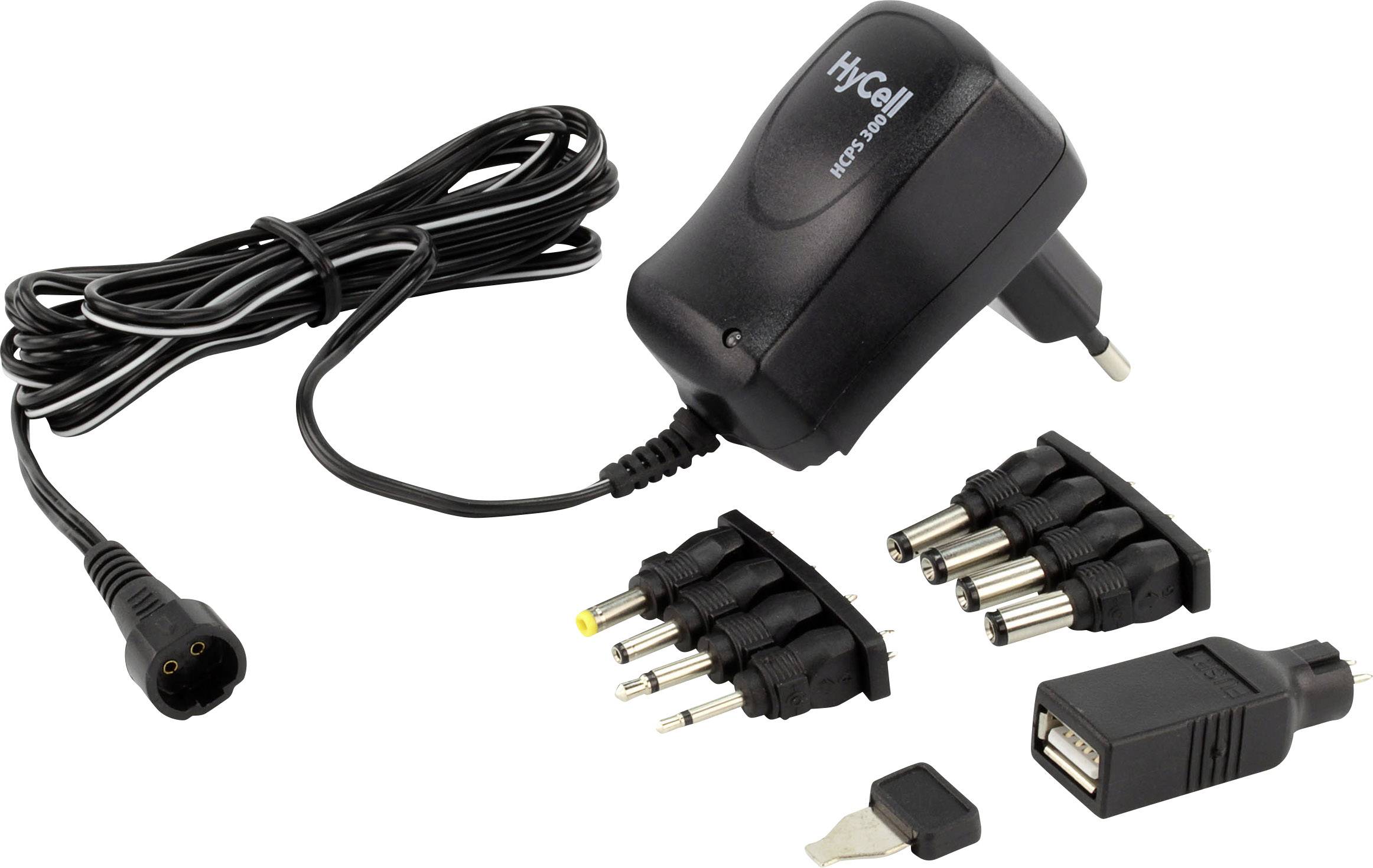 Crni univerzalni punjač s različitim adapterima i USB priključkom.