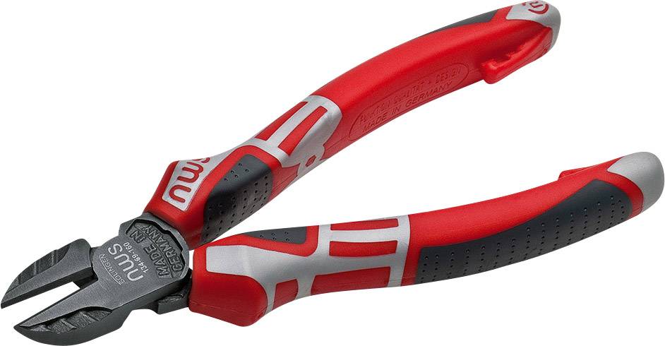 Otvorene ležeće škare za bočno rezanje u crvenoj i crnoj boji s ergonomskim ručkama. Koriste se za rezanje žica i kabela.
