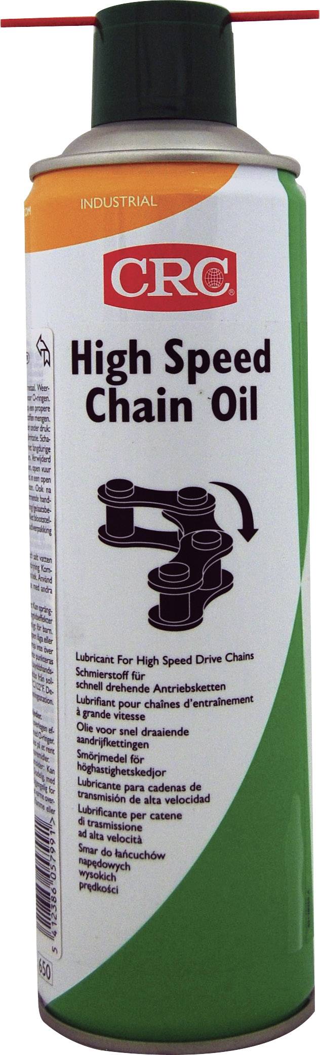Sprej s natpisom 'CRC High Speed Chain Oil'. Sadrži mazivo za visokobrzinske pogonske lance u industrijskom sektoru.