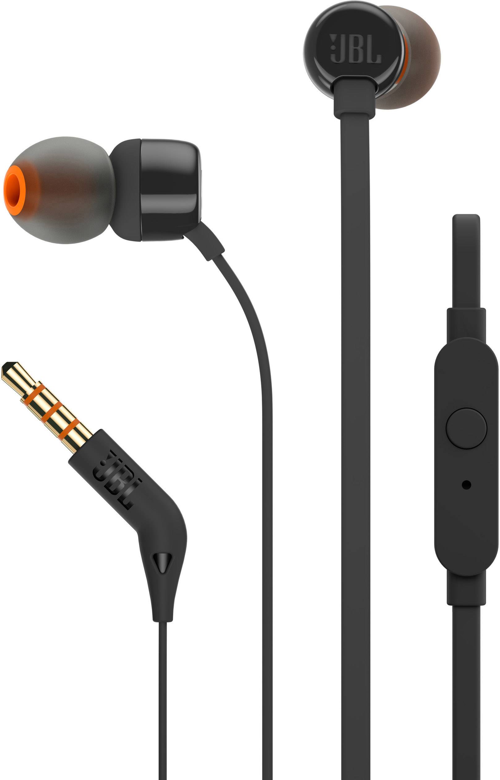 Crni in-ear slušalice s ravnim kabelom i 3,5mm utičnicom, integrirano daljinsko upravljanje i mikrofon, narančasti umetci za uši.