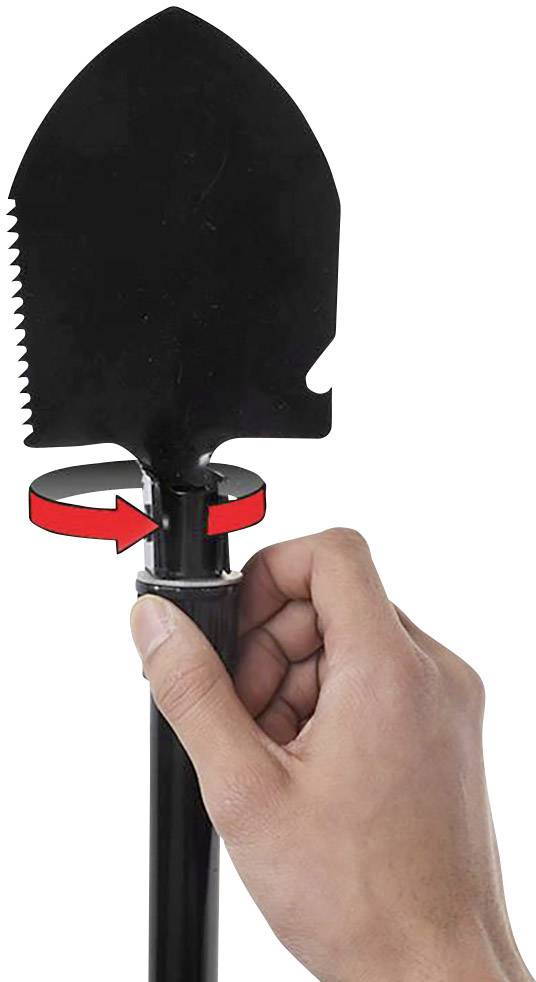 Jedna ruka okreće vijčani mehanizam na multifunkcionalnoj lopati s nazubljenim rubom i prorezom.