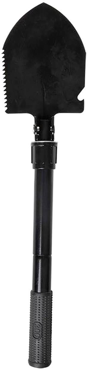 Crni, višenamjenski sklopivi lopat sa nazubljenim rubom i gumiranom ručkom za outdoor aktivnosti i kampiranje.