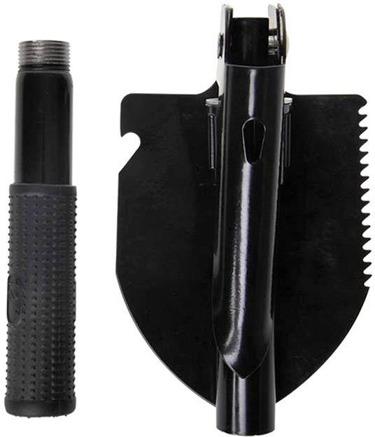 Kompaktna, crna sklopiva lopata nazubljenog ruba s uklonjivom ručkom, idealna za kampiranje i outdoor aktivnosti.