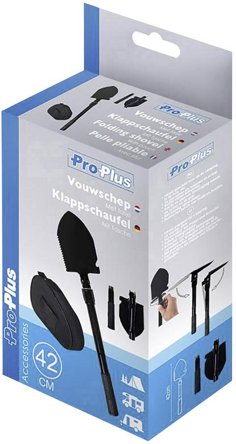 Ambalaža sklopive lopate s futrolom. Lopata je duga 42 cm, pogodna za putovanja i kampiranje, prikazana u složenom i otvorenom položaju.