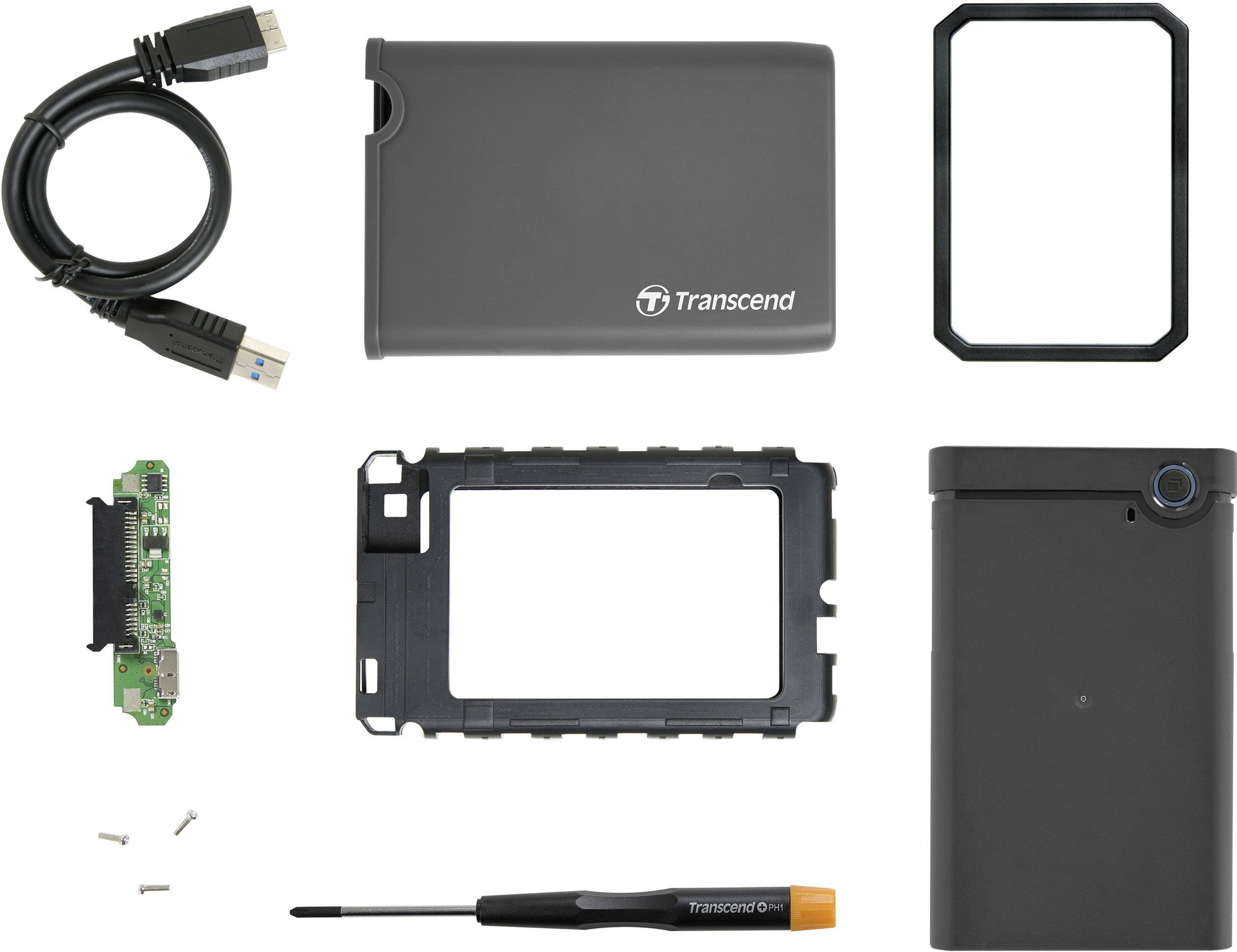 Komplet kućišta za tvrdi disk s USB kabelom, odvijačem, vijcima, pločicom, dijelovima kućišta i zaštitnim okvirom, označen kao 'Transcend'.