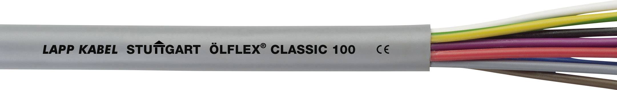 Sivi kabel s natpisom 'LAPP KABEL STUTTGART ÖLFLEX CLASSIC 100 CE'. Višebojne žice viri na desnoj strani.