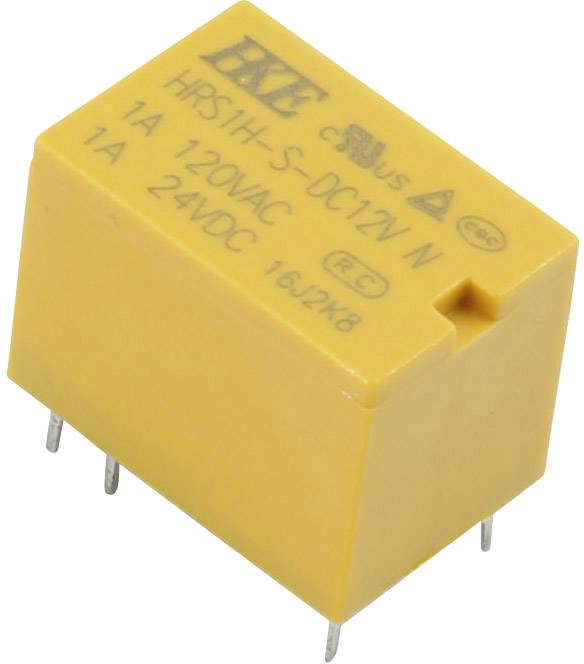 Žuti relej s natpisom 'HRS1H-S-DC12V N', 1A, 120VAC, 1A, 24VDC. Radi se o elektroničkoj komponenti s pet priključnih pinova.