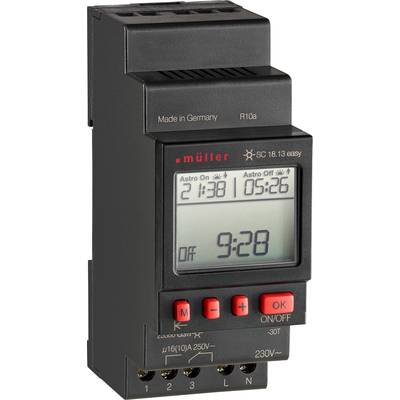 Digitalni vremenski prekidač, prikazuje '21:38' kao Astro Uključeno i '05:26' kao Astro Isključeno. Trenutni prikaz '9:28', s tipkama za podešavanje.