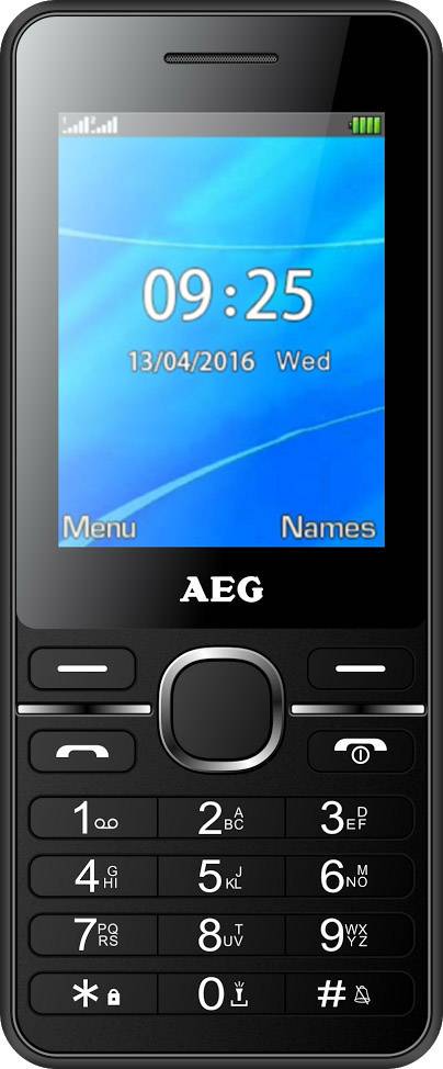 Crni AEG mobilni telefon s tipkama. Na zaslonu se prikazuju vrijeme '09:25', datum '13/04/2016 Sri', 'Izbornik' i 'Imena'.