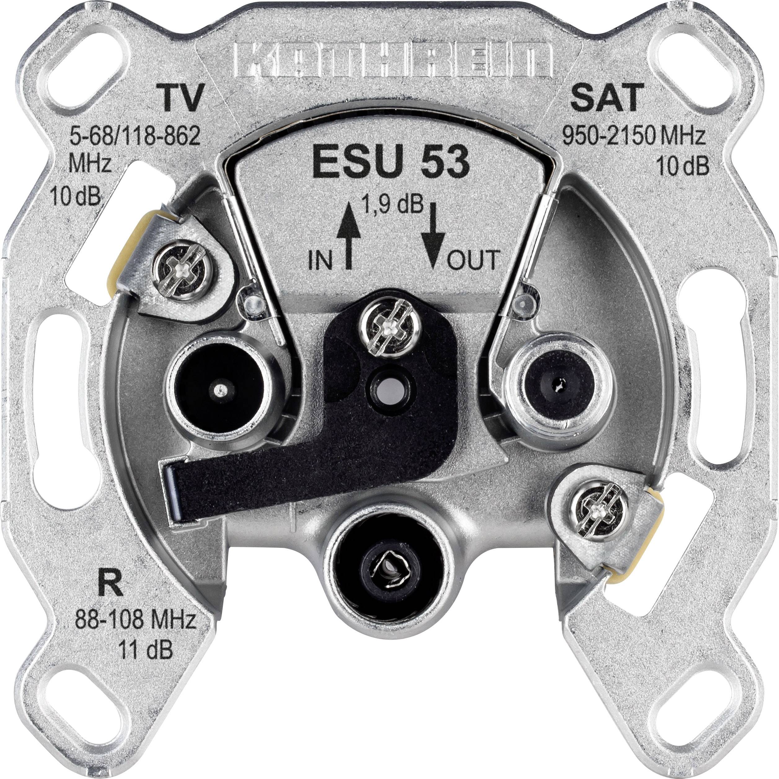 Utičnica 'Kathrein ESU 53' s priključcima za TV, radio i SAT. Raspon frekvencija: TV 5-862 MHz, radio 88-108 MHz, SAT 950-2150 MHz.