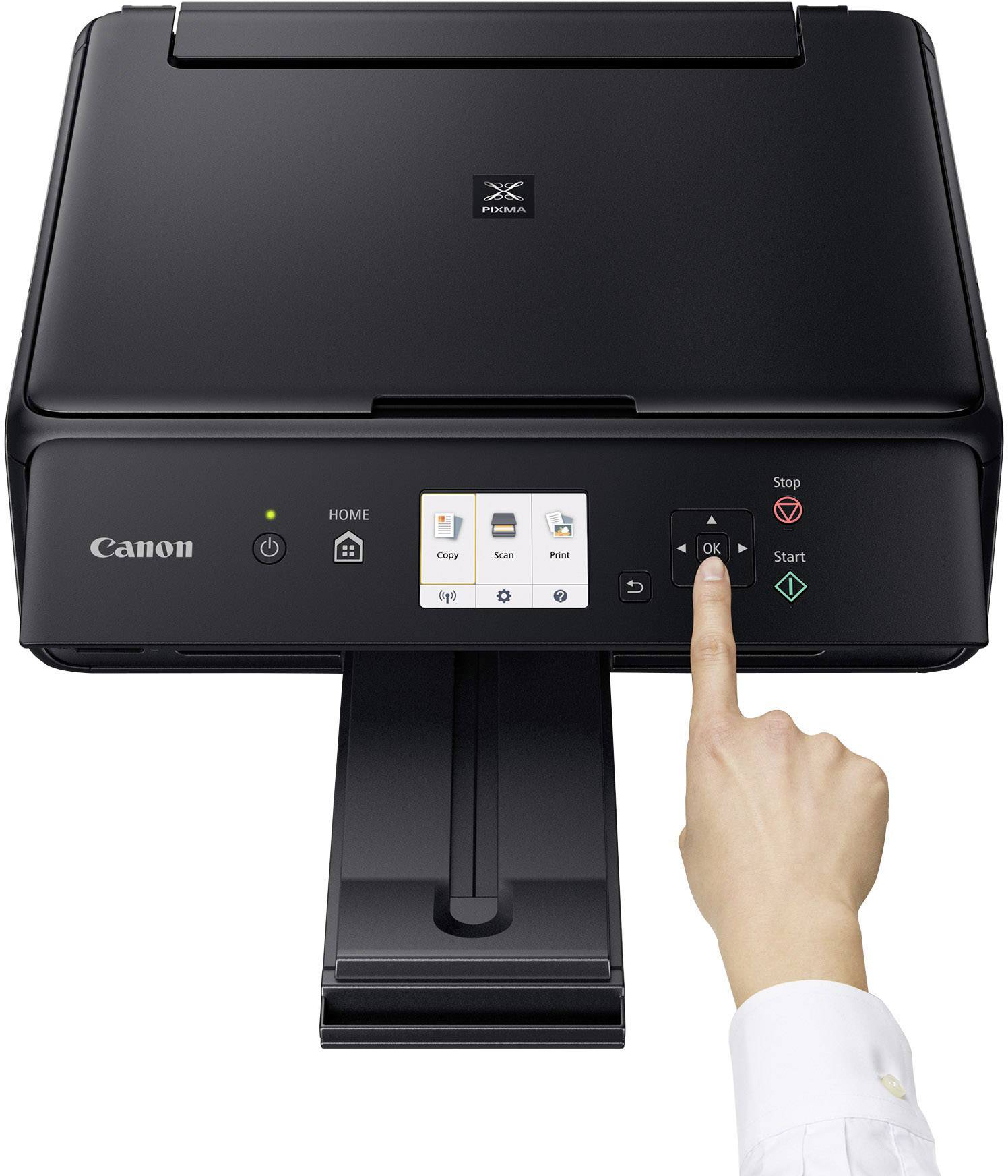 Crno-bijeli Canon printer s dodirnim zaslonom. Ruka pokazuje na tipku 'OK'.