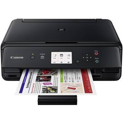 Crni printer štampa obojeni dokument s grafičkim prikazima i tekstovima. Mali zaslon prikazuje opcije kopiranja, skeniranja i printanja.