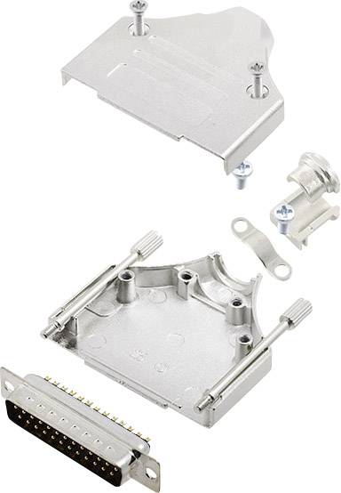 Otvoreno kućište za D-Sub utikač s metalnim dijelovima, vijcima i stezaljkama za montažu i spajanje kabela.