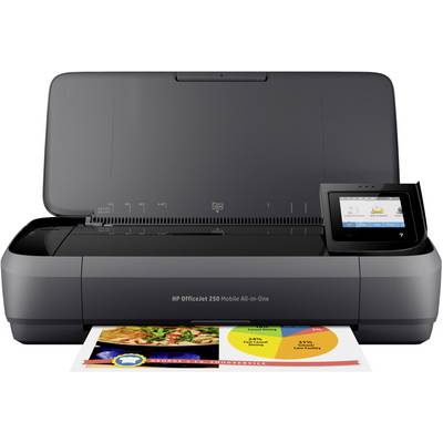 Mobilni HP OfficeJet 250 printer u radu, ispisuje obojeni dokument. Zaslon prikazuje opcije za printanje.