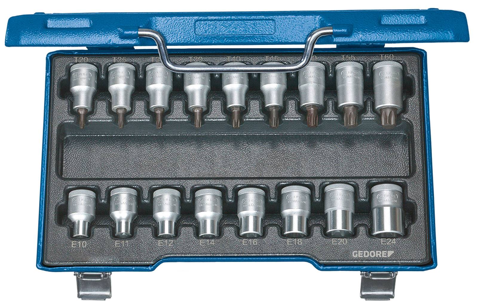 Otvoreni plavi kovčeg za alat s 16 različitih Torx umetaka u dva reda, numeriranih od E10 do E24.