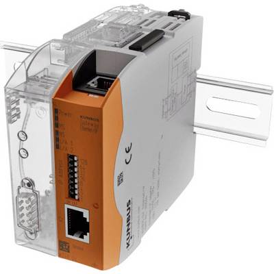 Narančasto-sivi industrijski modul montiran na šini s Ethernet i priključnim portom. Prikazuje CE oznaku.