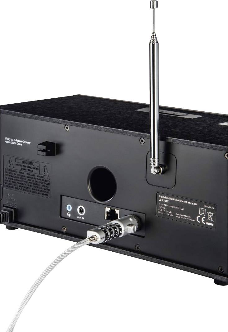 Pogled straga na audio prijemniku s antenom, priključcima za zvučnike, mrežnim prekidačem i audio ulazima.
