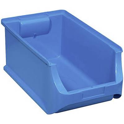 Plavi plastični spremnik s otvorenim rukohvatom na prednjoj strani, pogodan za pohranu ili organizaciju predmeta.