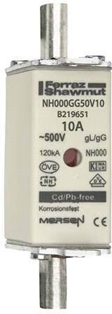 NH-osigurač NH000GG50V10 od Mersena, 10A, 500V, 120kA; bez Cd/Pb, otporan na koroziju.