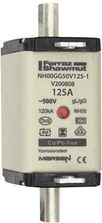 Sigurnosni umetak s natpisom 'NH00GG50V125-1'. Specifikacije: 500V, 125A. Logotipovi marke i certifikacije su vidljivi.