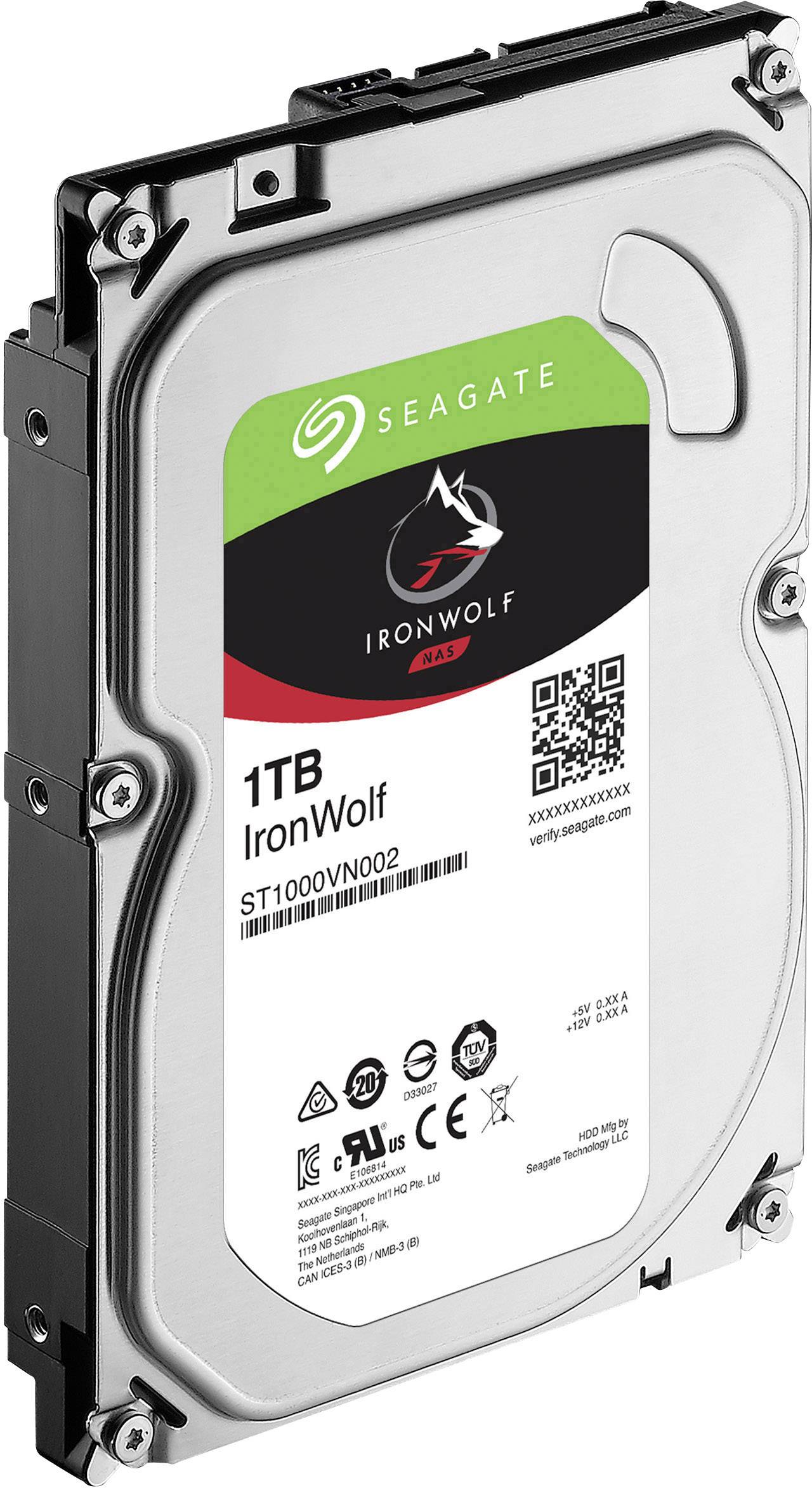Interna tvrdi disk 'Seagate IronWolf 1TB', pogodan za NAS, prikazuje naljepnicu proizvoda s tehničkim specifikacijama.