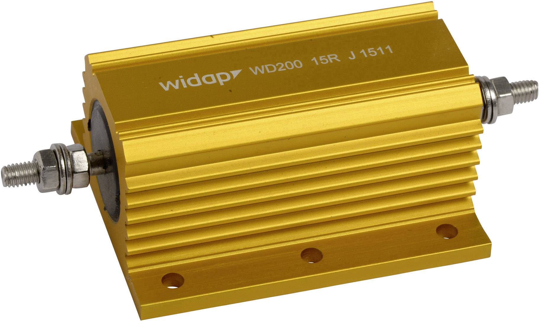 Zlatni otpor s toplinski učinkovitim rebrima i dvije priključne stezaljke, montiran na nosač ploče. Tekst 'widap WD200 15R J1511'.