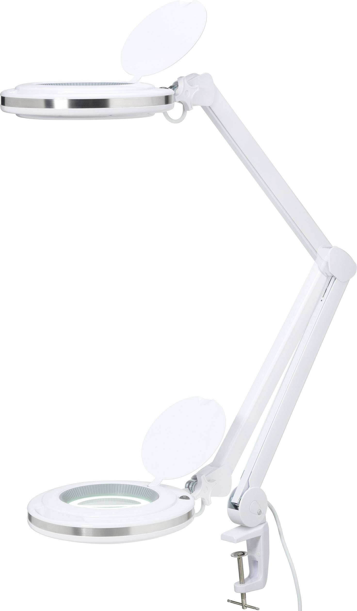 Bijela stolna lampa s podesivom rukom i ugrađenom lupom. Pogodna za detaljne radove i hobistička aktivnosti.