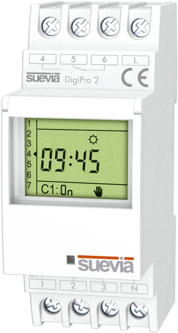 uklopni sat za profilnu šinu 1 St. Suevia DigiPro 2 Preklopni napon (maks.): 250 V/AC Prebacivanje struje (maks.): 16 A 2 prebacivanje dnevni program, tjedni program, program za godišnji odmor, impulsni program