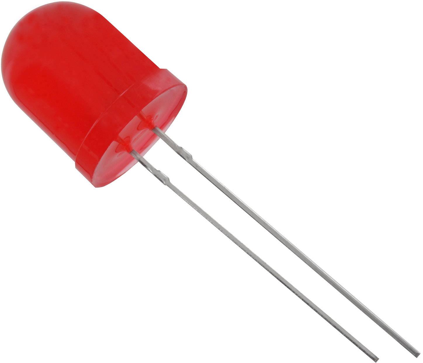 Crvena LED (light-emitting diode) s dva metalna priključka, tipičan elektronički element za signalizaciju ili osvjetljenje.