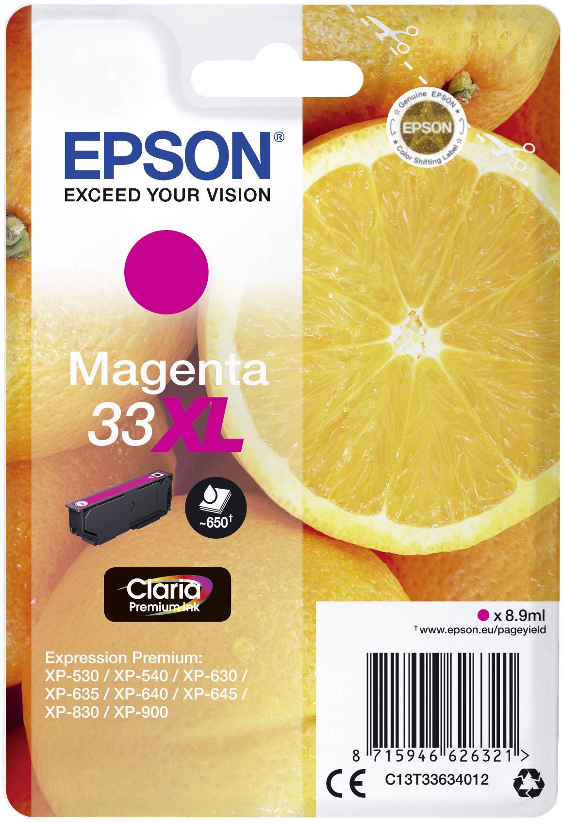 Ambalaža za Epson Magenta 33XL tintnu patronu, prikazuje prepolovljenu naranču u pozadini. Sadržava 8,9 ml tinte.