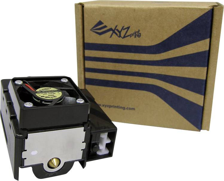 Crni 3D-printhead s ventilatorom, pored smeđe ambalaže s logotipom 'XYZprinting'.