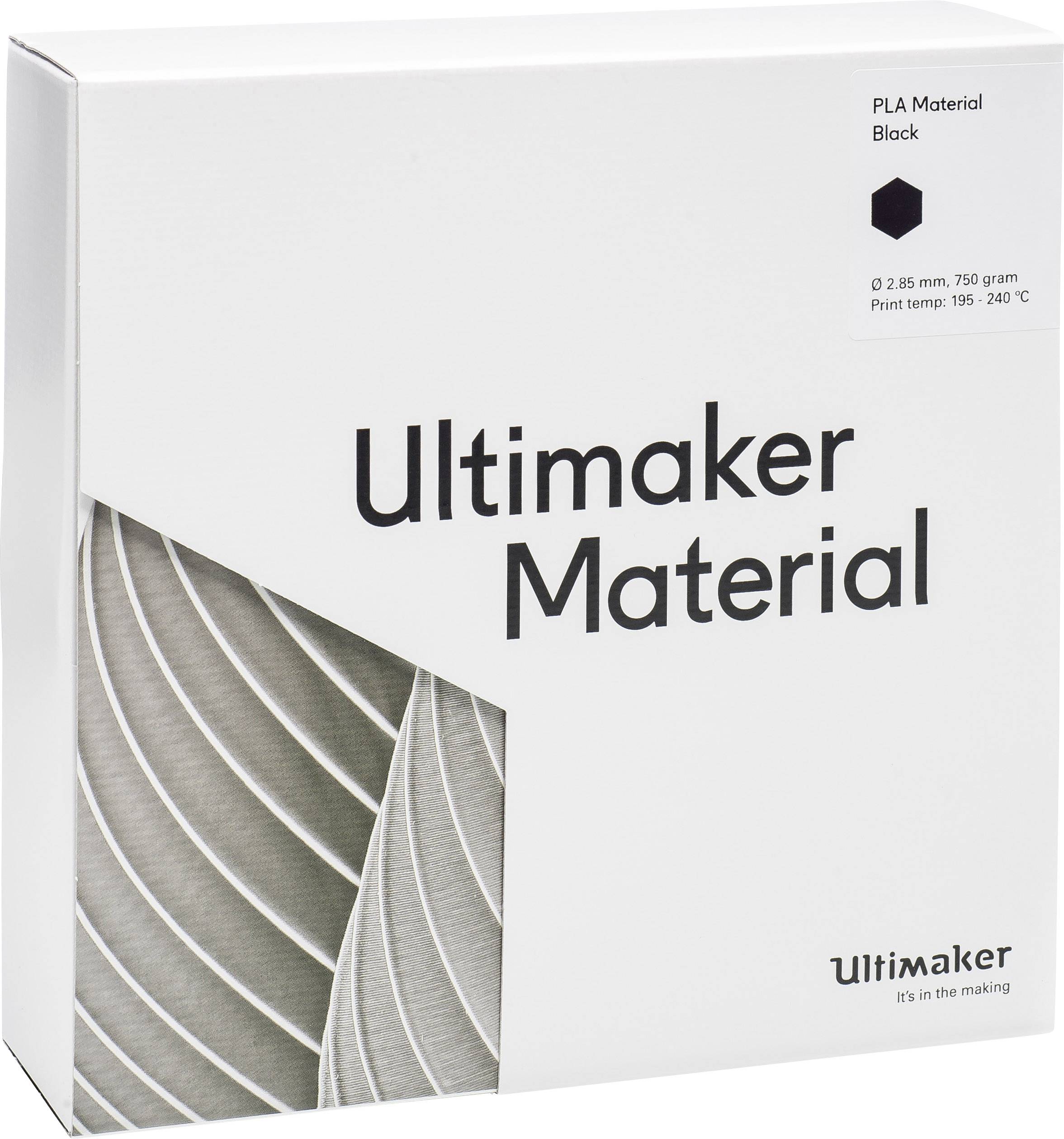 Kutija s natpisom 'Ultimaker Material' sadrži PLA materijal, 750 g, u crnoj boji, s rasponom tiskanja 195-240 °C.