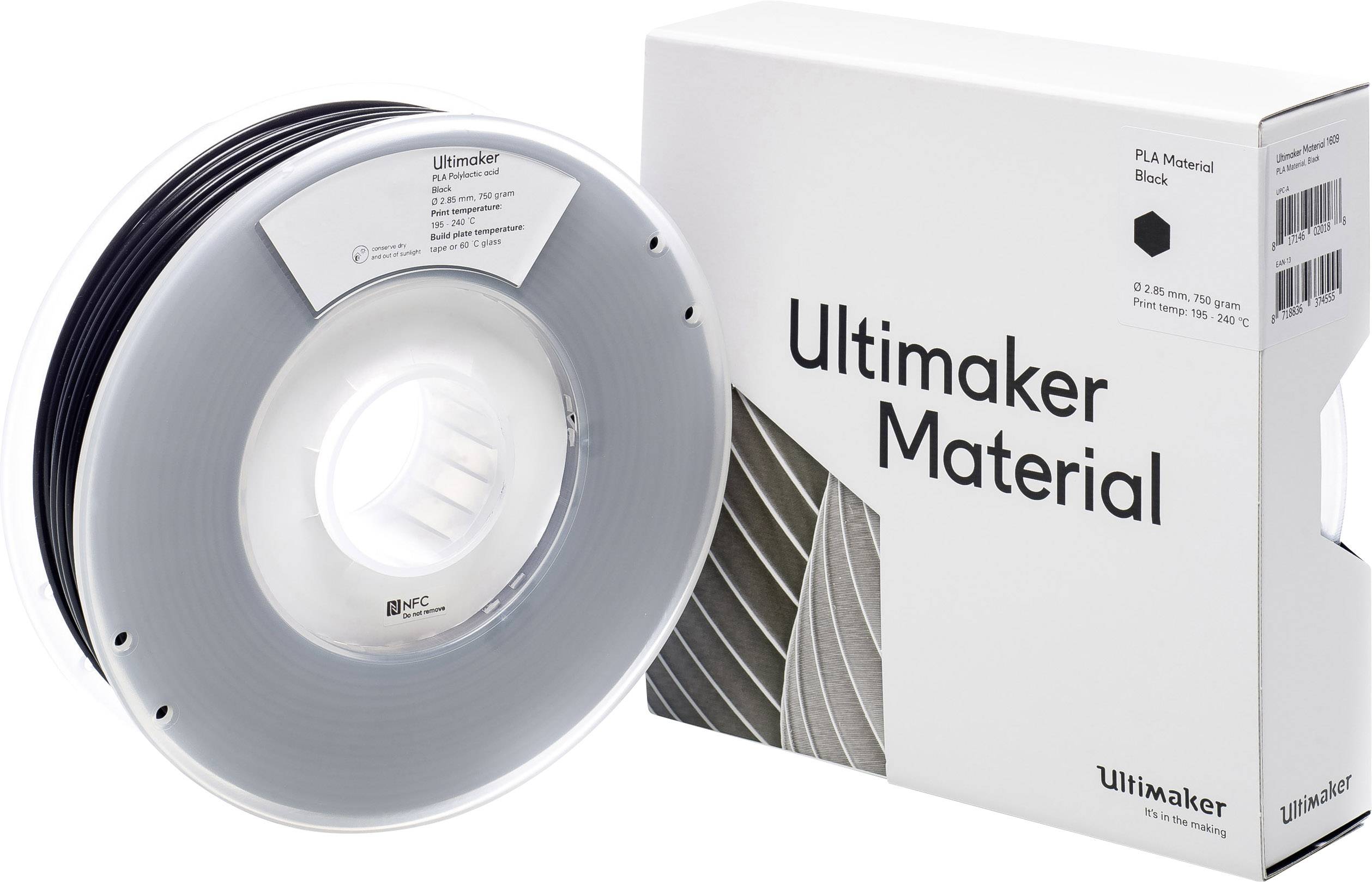 Špula crnog PLA 3D-materijala za ispis pored bijele ambalaže na kojoj piše "Ultimaker Material".