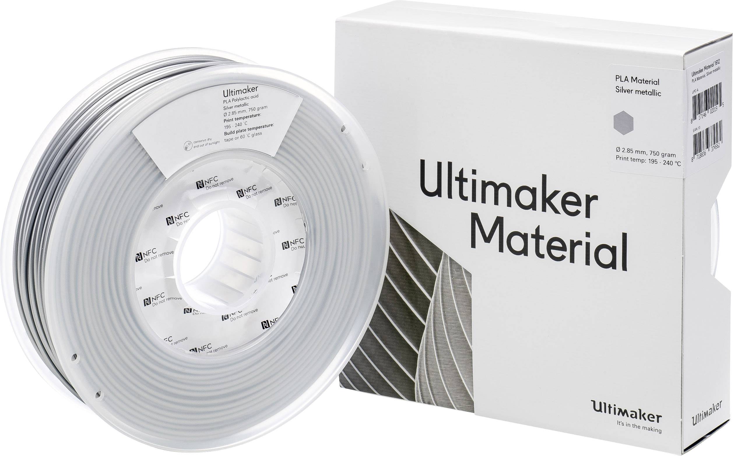 Kalem 3D-pisača s filamentom srebrne metalik boje pored bijele kutije na kojoj piše 'Ultimaker Material'.