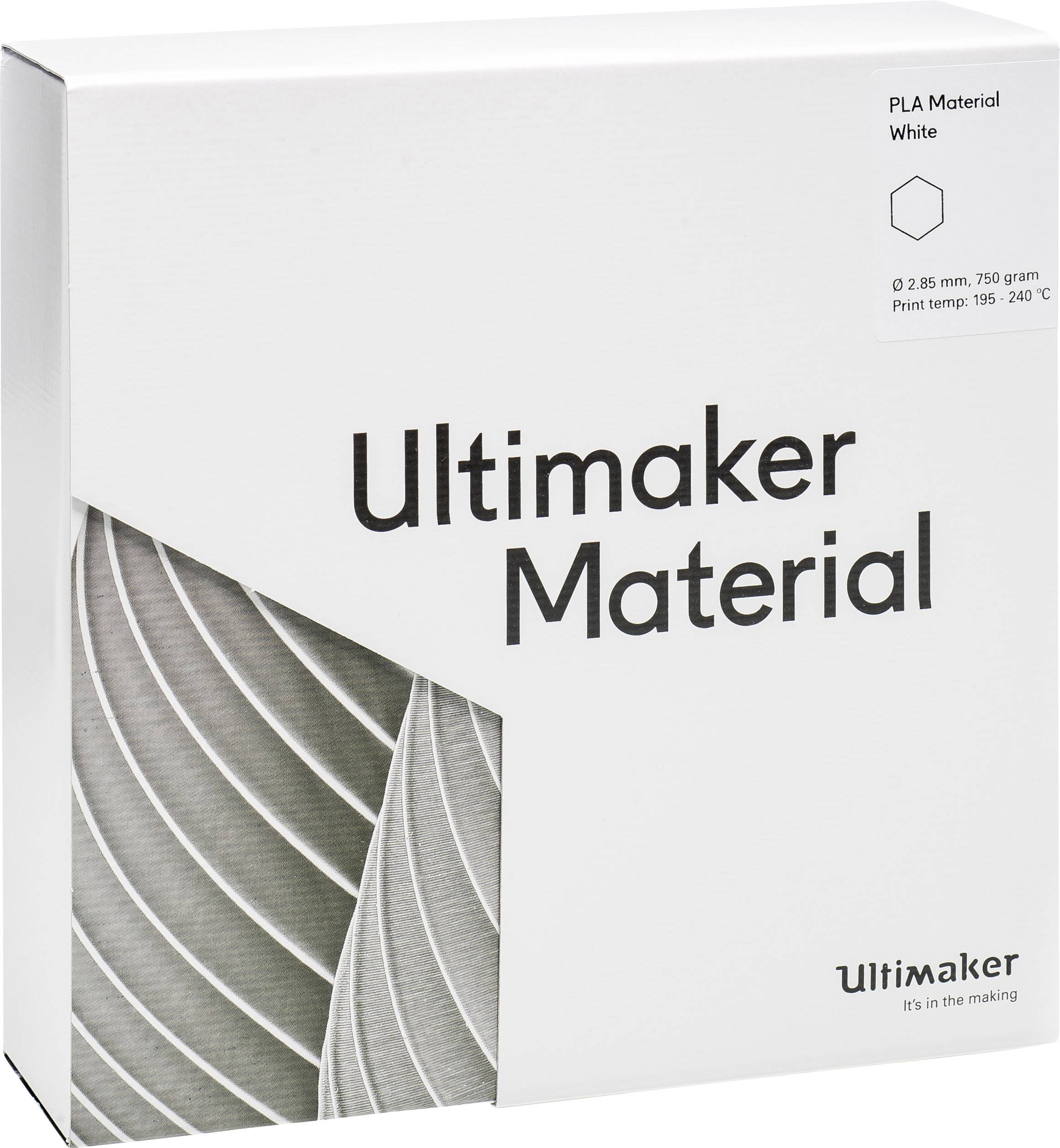 Bijela kartonska ambalaža s natpisom 'Ultimaker Material'. Sadrži PLA filament. Masa: 750 grama. Temperatura printanja: 195-240°C.