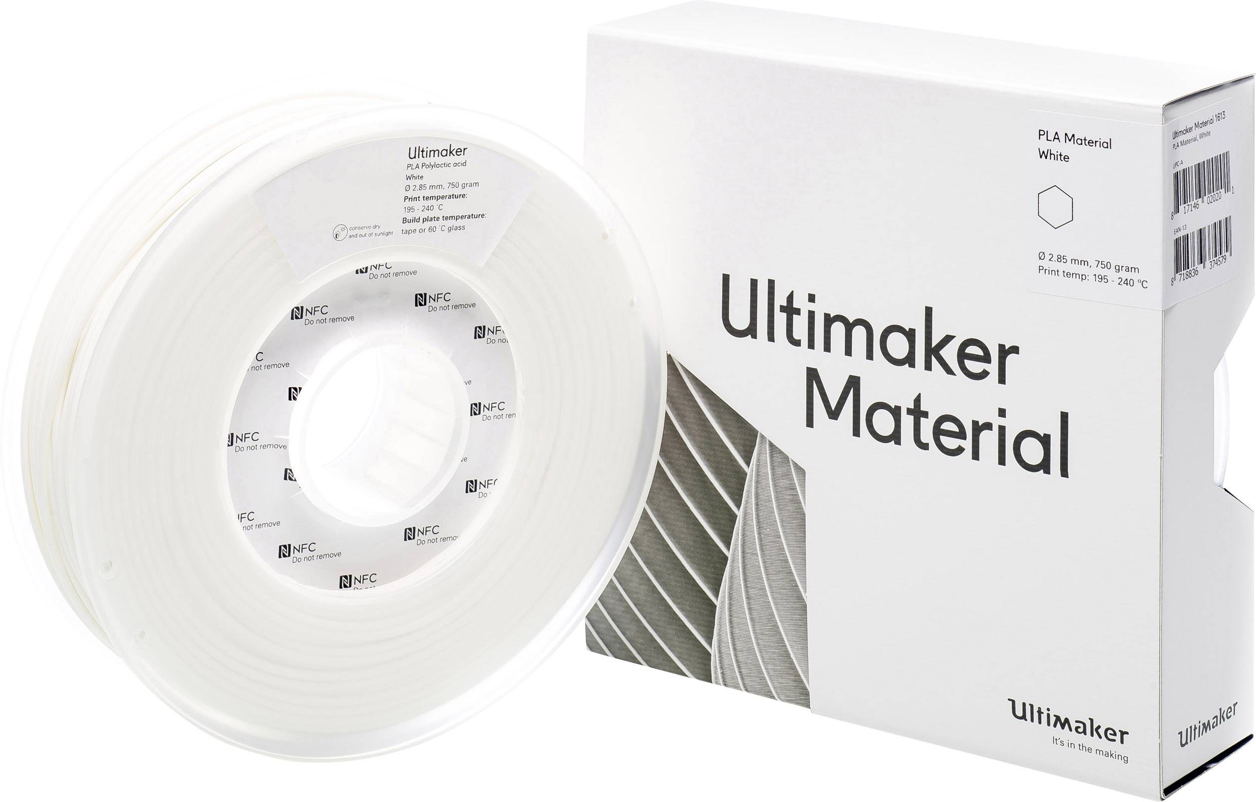Pakiranje Ultimaker materijala, PLA u bijeloj boji, sa kućištem za špulu. Prikladan za 3D ispis pri 200-220°C.