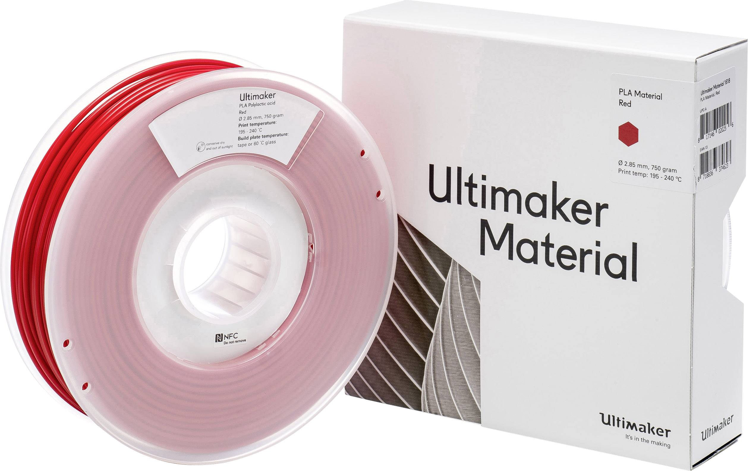 Crveni kotur 3D-štamparskog materijala kompanije Ultimaker pored bijele kutije označene natpisom 'Ultimaker Material'.