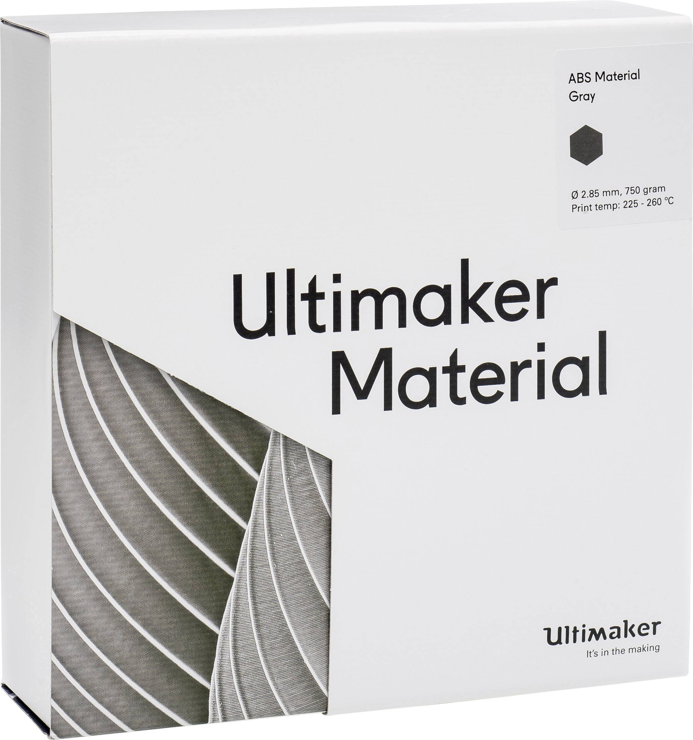 Ultimaker materijalna ambalaža sive boje s podacima o tipu materijala i temperaturi tiskanja. Sadrži 750g ABS filamenta.