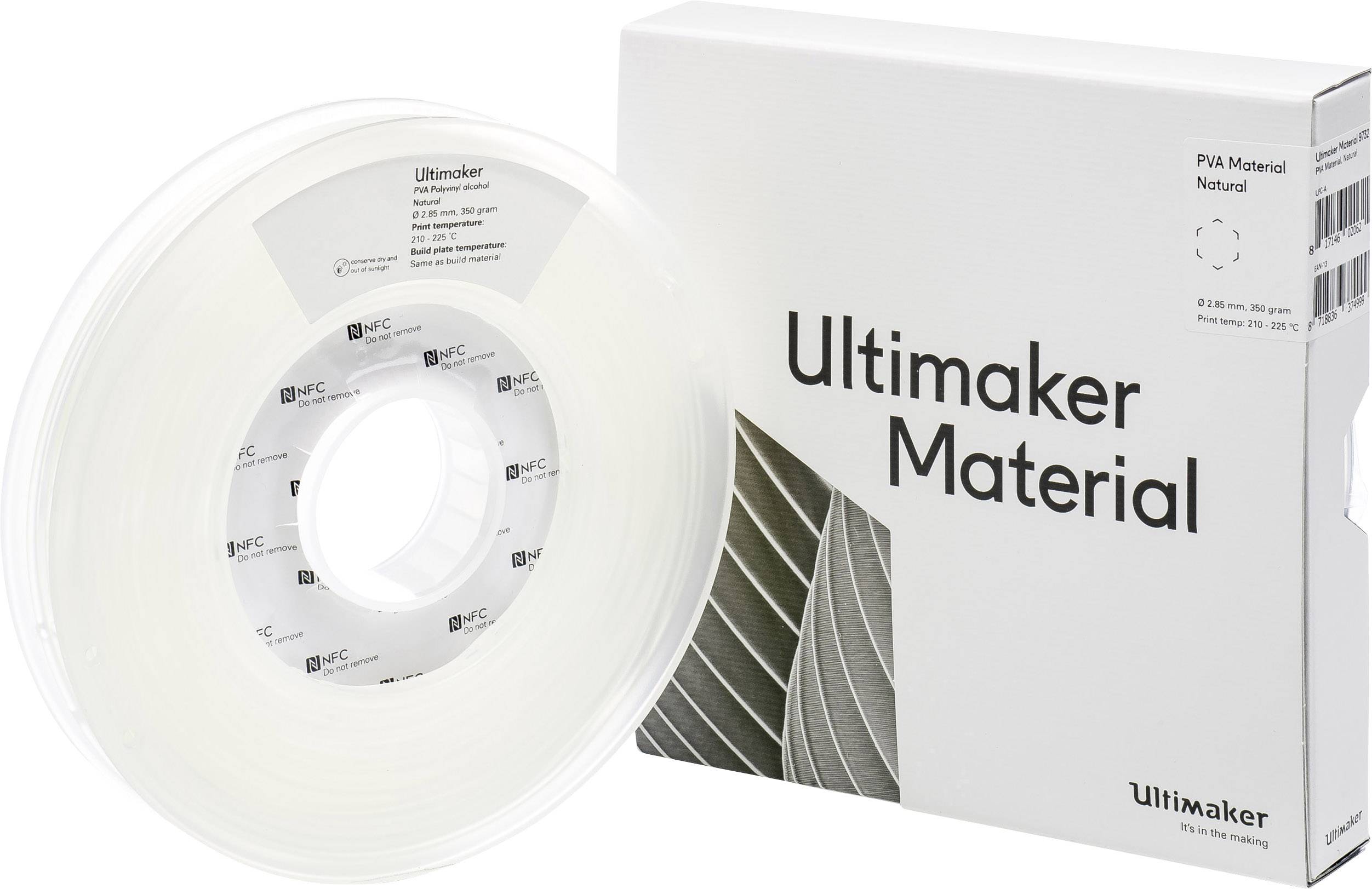 3D-printna rolica filamenta i kartonska kutija od Ultimakera. Ambalaža je bijela s sivim detaljima i natpisom 'Ultimaker Material'.