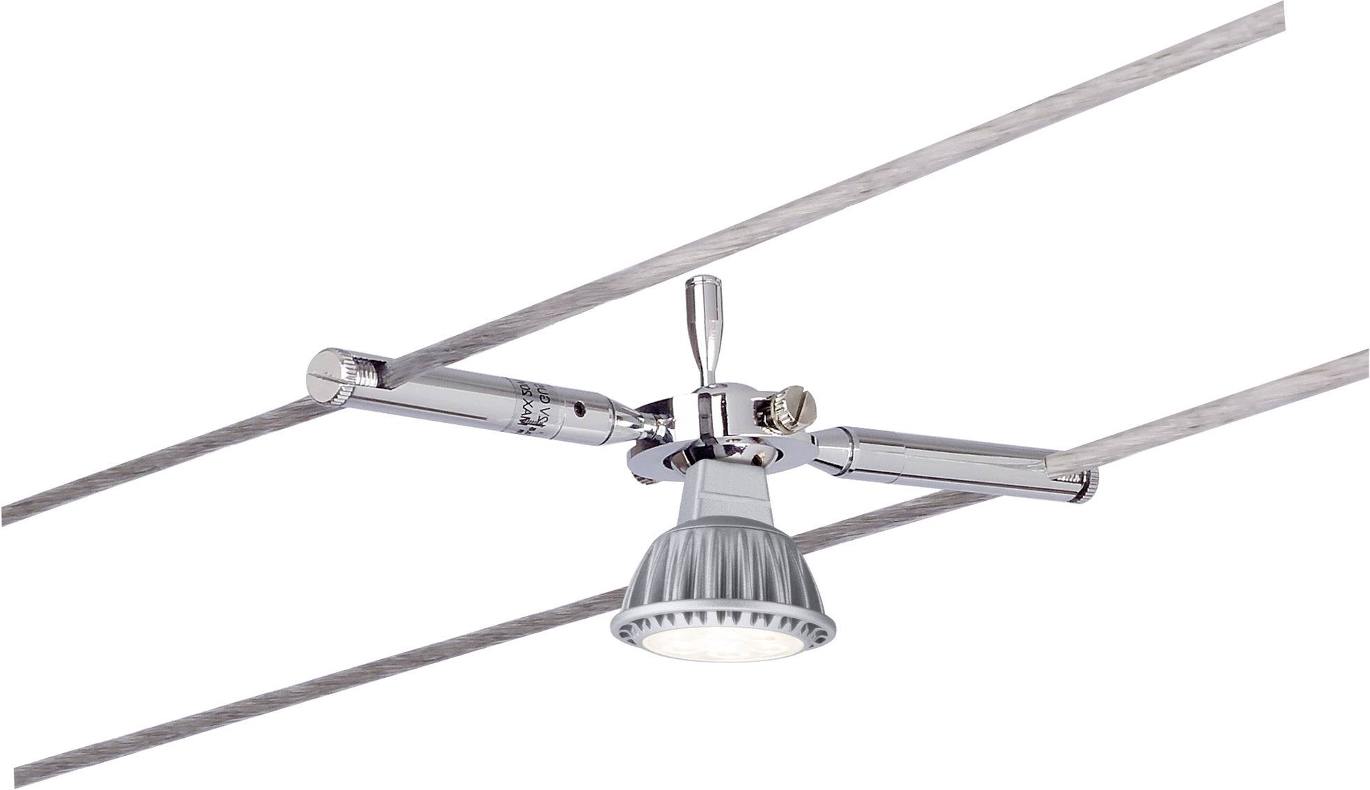 Stropna lampa modernog dizajna s okretnim reflektorom, postavljena između dvije paralelne metalne šipke.