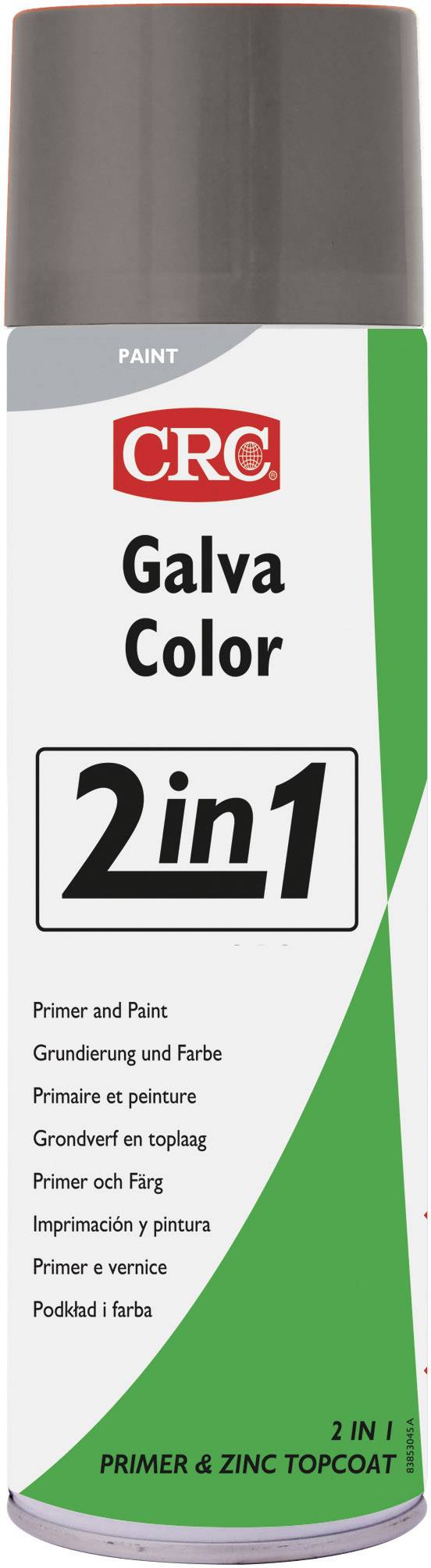 Sprej 'CRC Galva Color 2 u 1', temeljni premaz i boja, sivi poklopac, zelena i bijela naljepnica.